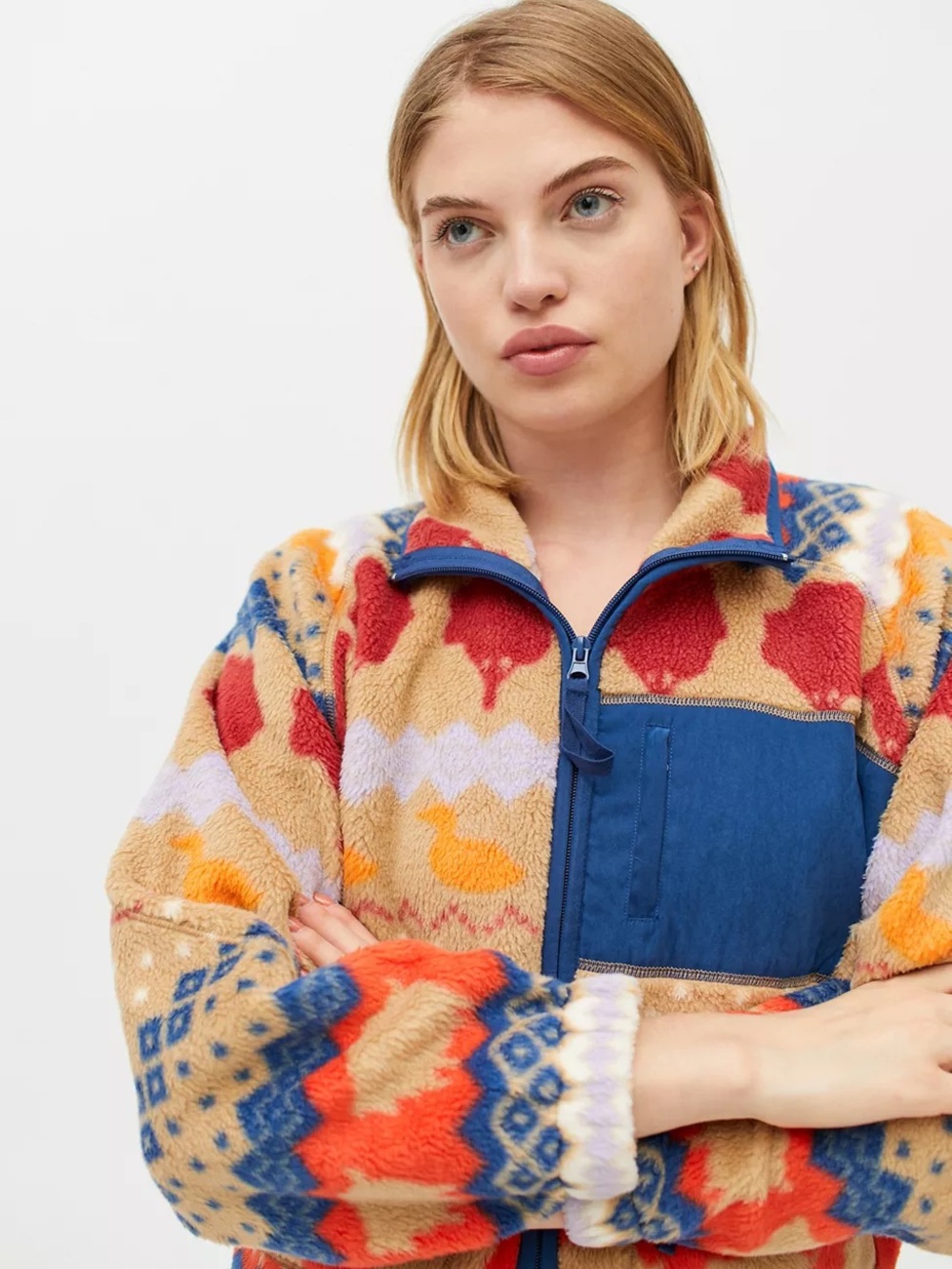 Urban Outfitters Colorblock Patterned Teddy Jacket in Blue, Red, Tan, Orange
